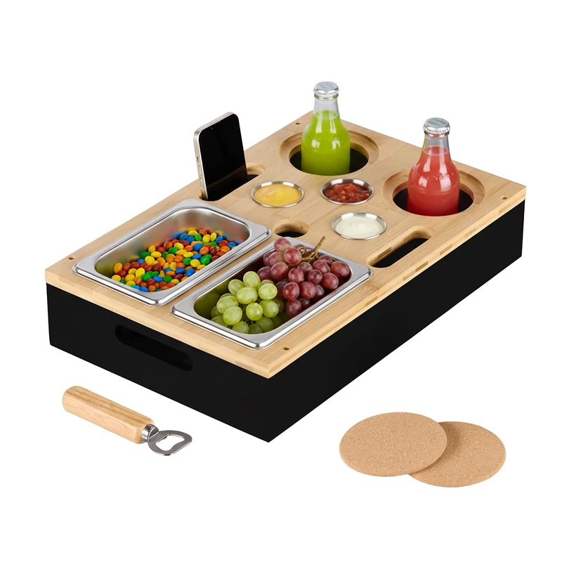 Relaxdays Sofa Snack Tray, Couch Drink & Wine Holder, Bamboo, Stainless Steel Dip Bowls, Handles, Coasters, Caddy, Black, 10% Cork 20% 70%, 8 x 40 x 26 cm - Image 1