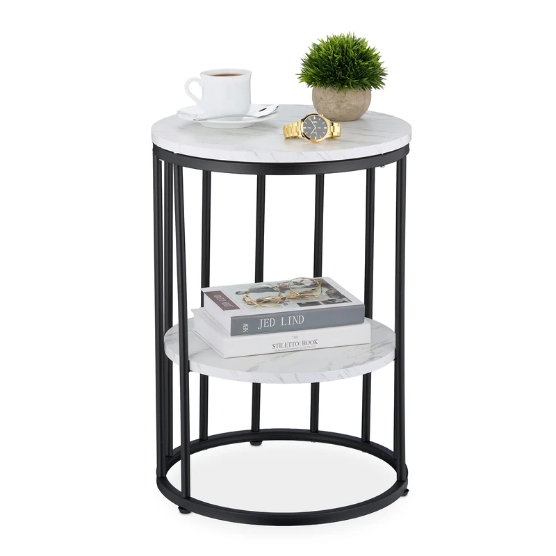 Relaxdays Side Table, Marble Effect, 2 Tiers, 57 x 40 cm, Living Room, Coffee Rest for Sofa, Metal & MDF, White/Black