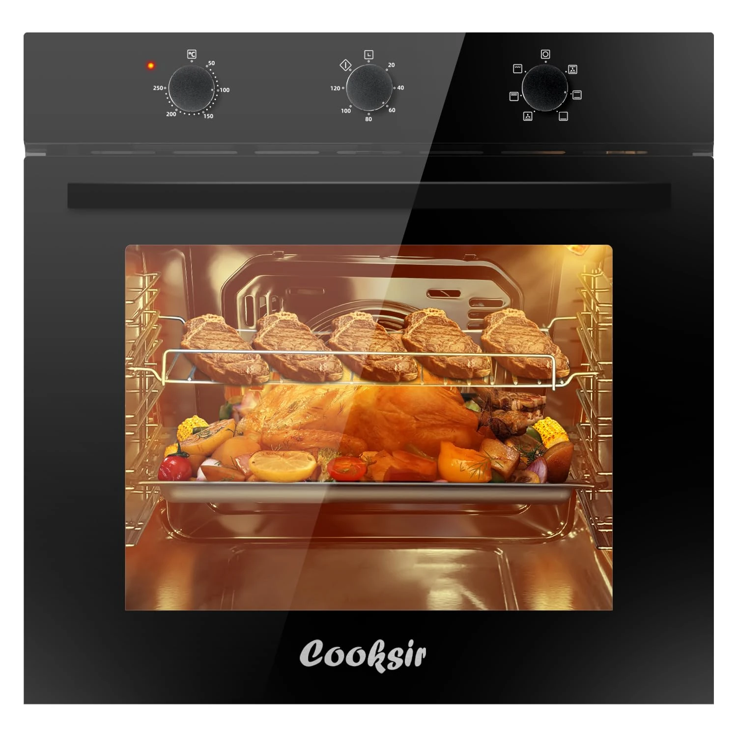 Cooksir 60L Built-In Electric Oven with 13amp Plug - 6 Functions, 2200W Electric Oven Built in, Rotary Knob Controls, 50℃-250℃, Single Oven Built in with Timer, Includes Grill & Baking Tray