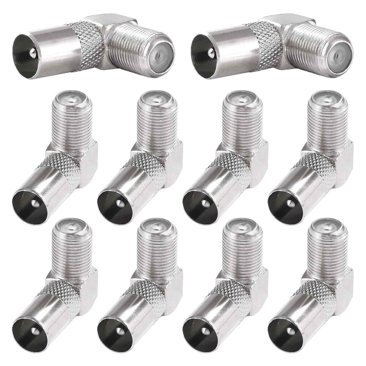 KUOQIY 10 PCS 90 Degree F Female Plug to RF Male Coaxial Aerial Adapter, TV 9.5 Male to F-Type Female Right Angle Converter, Nickel-Plated