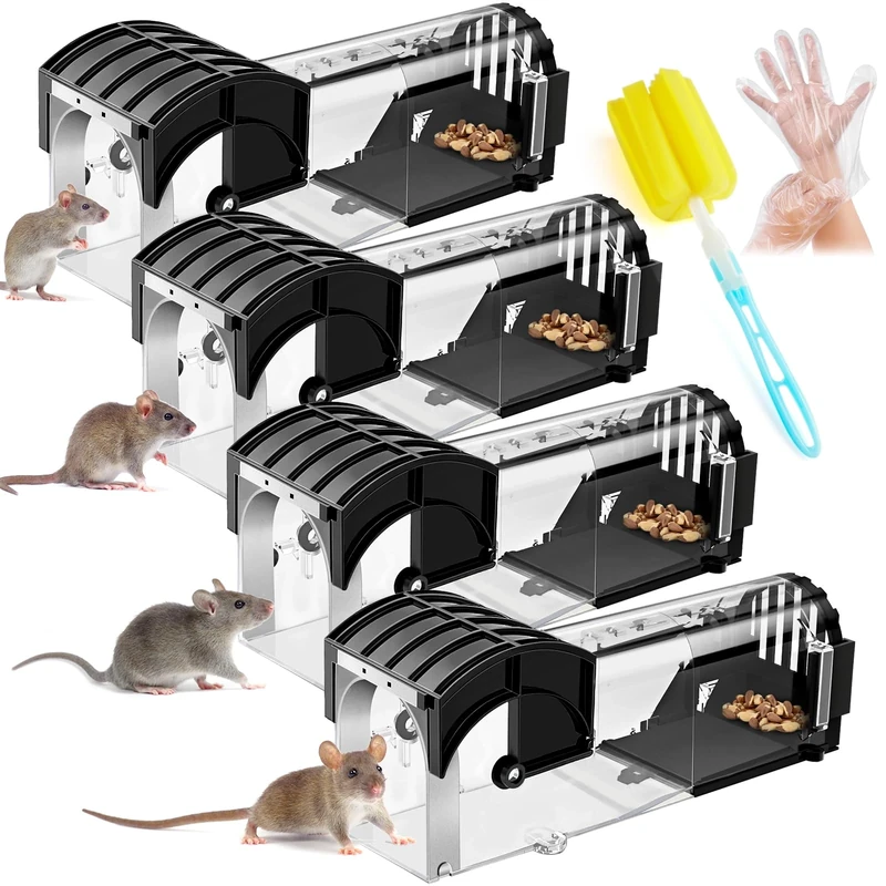 4 Pack Mouse Traps for Indoors Outdoor, Humane Mouse Trap, Rodent Control Trap High Sensitive No Kill Easy to Set Up Reusable with Cleaning Brushs & Gloves