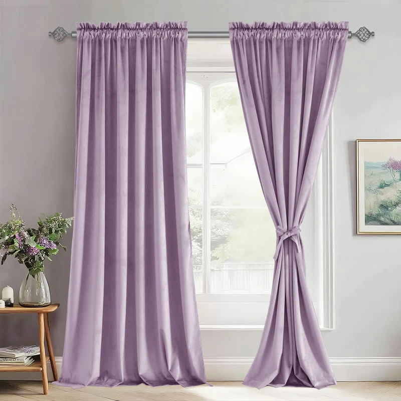 JIUZHEN Purple Velvet Curtains Super Soft Velvet Drapes for Bedroom Living Room Luxury Blackout Thermal Insulated Rod Pocket Window Drapes, 2 Panels with Tiebacks, 52W x 90L