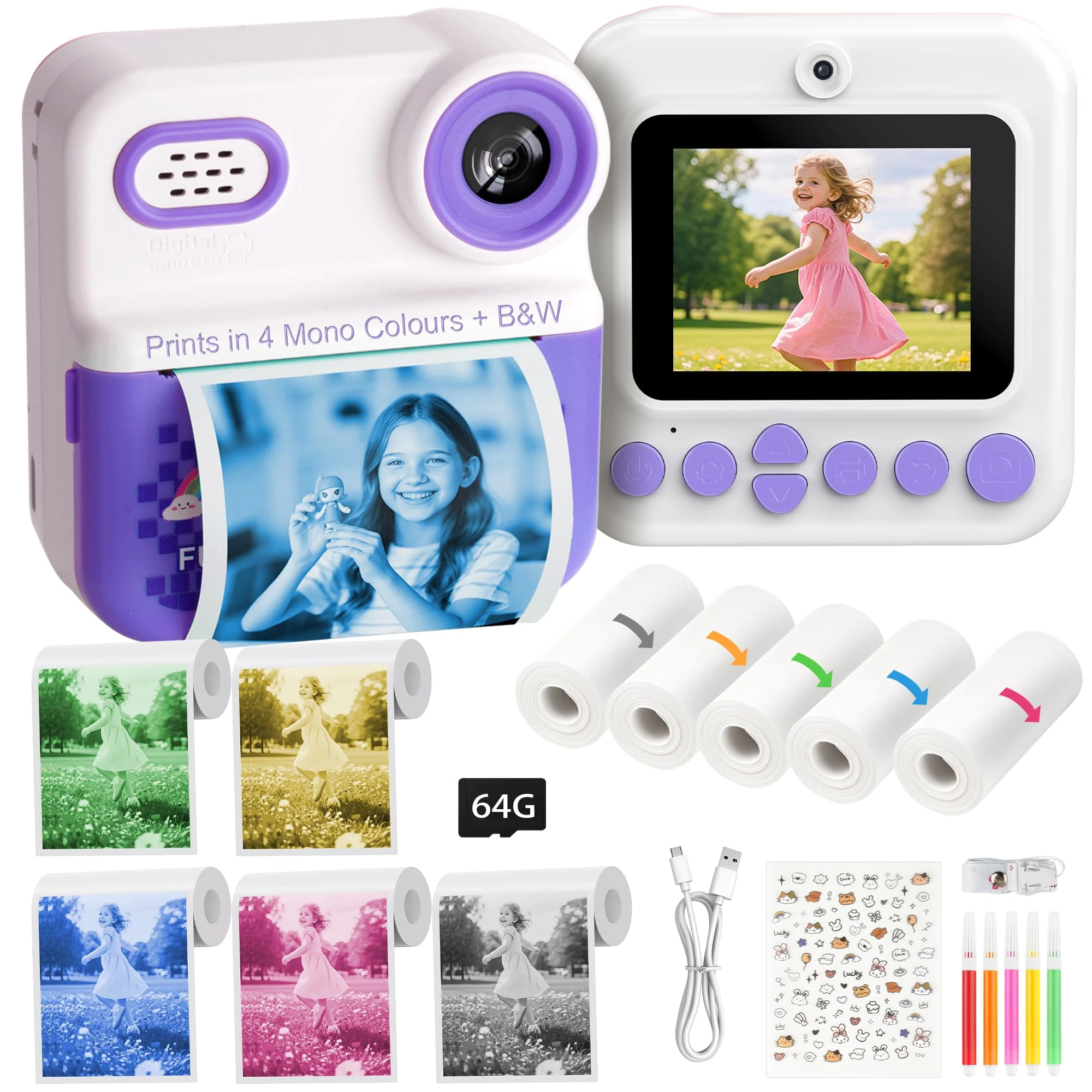 TofpeyVibe Kids Instant Print Camera – 48MP Dual Lens, 1080P Video, 5 Mono Colour Printing 2.4″ IPS Screen, 16× Digital Zoom, 64GB, Gift Camera for Ages 3–12