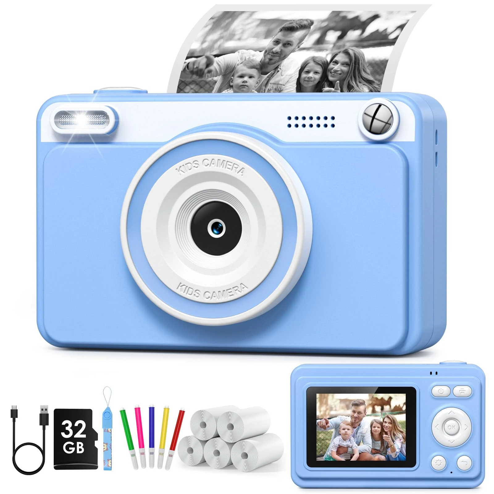 GREENKINDER Kids Camera Instant Print, 1080P Instant Camera for Kids with 5 Rolls Print Paper & 32GB Card, Kids Digital Cameras Christmas Birthday Toddler Boys Gifts for Girls Toys Age 3-12