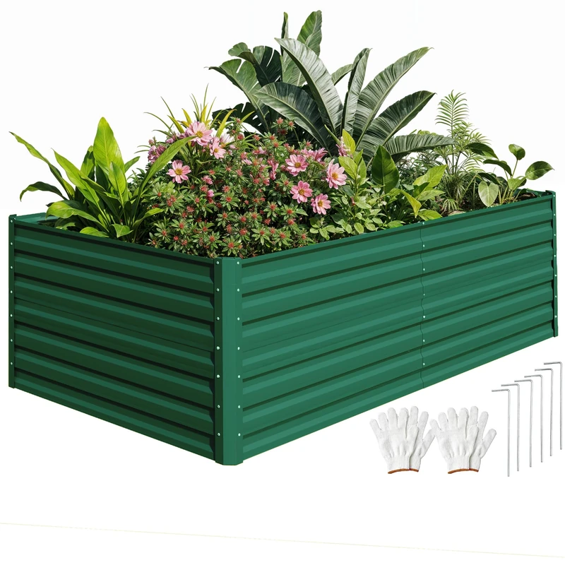 DWVO Metal Raised Bed 240 x 120 x 60 cm with Gloves, Raised Bed Made of Steel, Rustproof and Weather Resistant, Sturdy Galvanised with Safety Rubber for Vegetables, Flowers, Fruits
