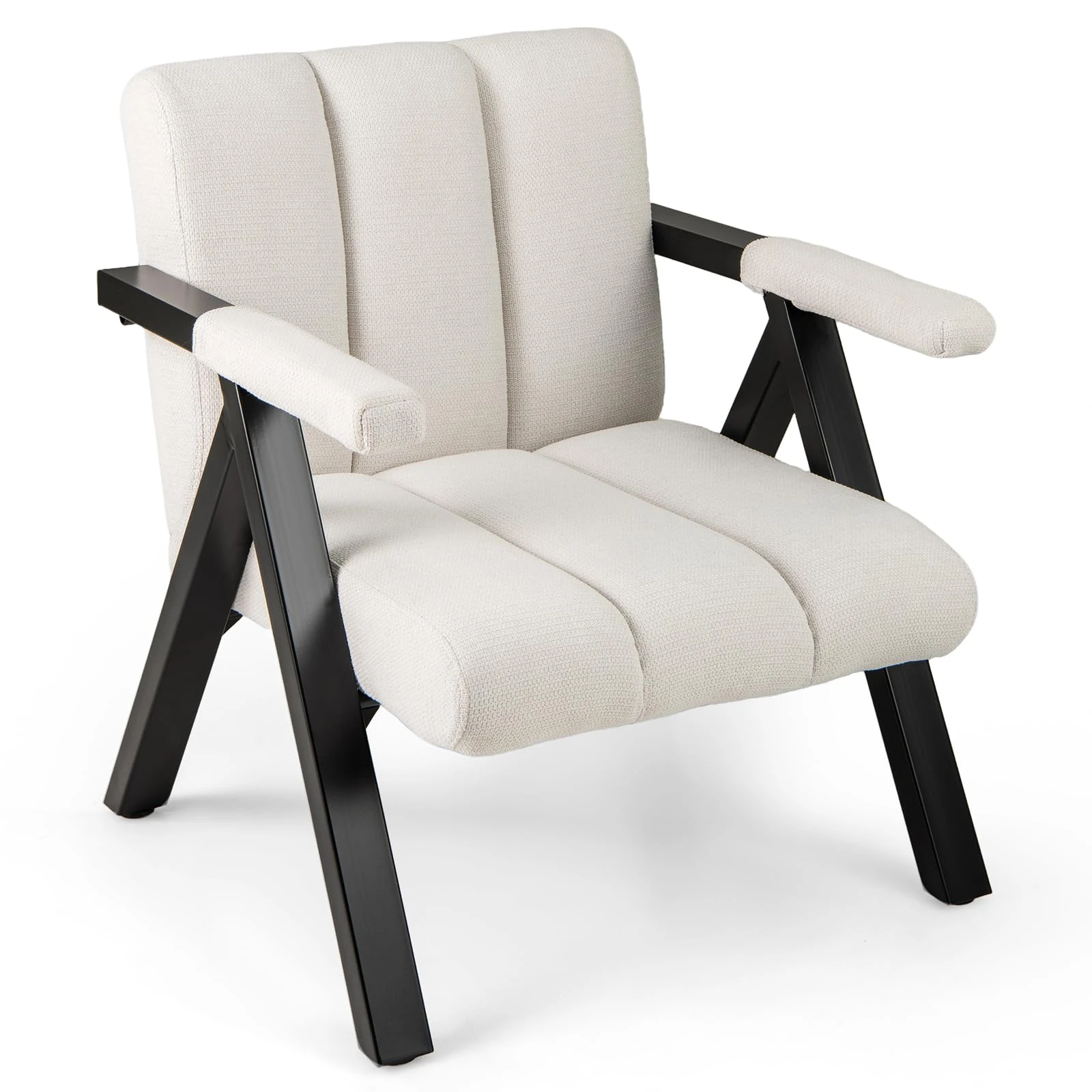 COSTWAY Oversized Accent Chair, Upholstered Lounge Armchair Single Sofa Chair, Metal Frame Occasional Seat Comfy Reading Armchair for Living Room Bedroom Reception (Beige + Black)