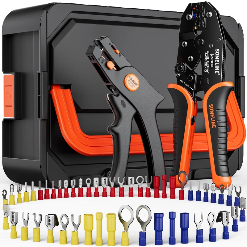SOMELINE Crimping Pliers and Terminal Set, 51 Types [0.34–6 mm²] Insulated Terminals, Including Terminal Pliers and Automatic Wire Stripper – Terminal Set