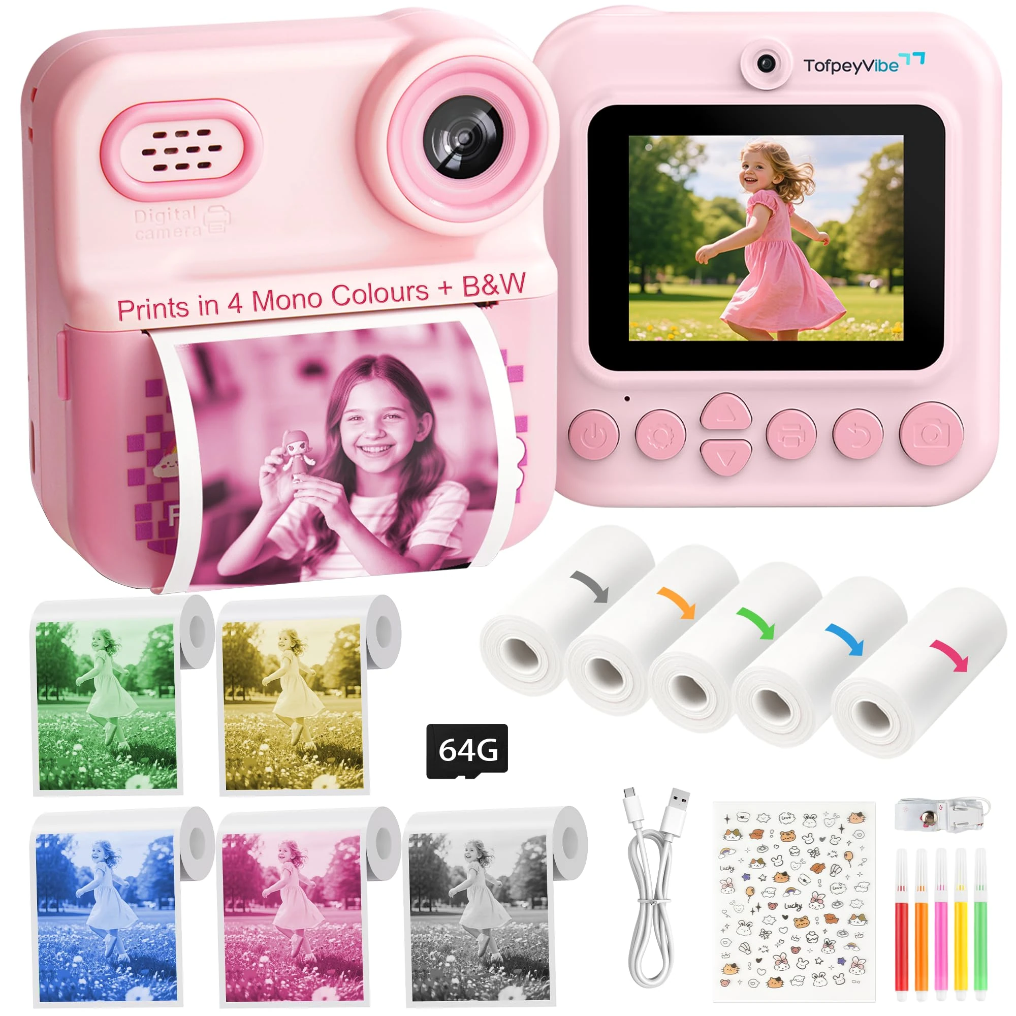 TofpeyVibe Kids Instant Print Camera – 48MP Dual Lens, 1080P Video, 5 Mono Colour Printing 2.4″ IPS Screen, 16× Digital Zoom, 64GB, Gift Camera for Ages 3–12