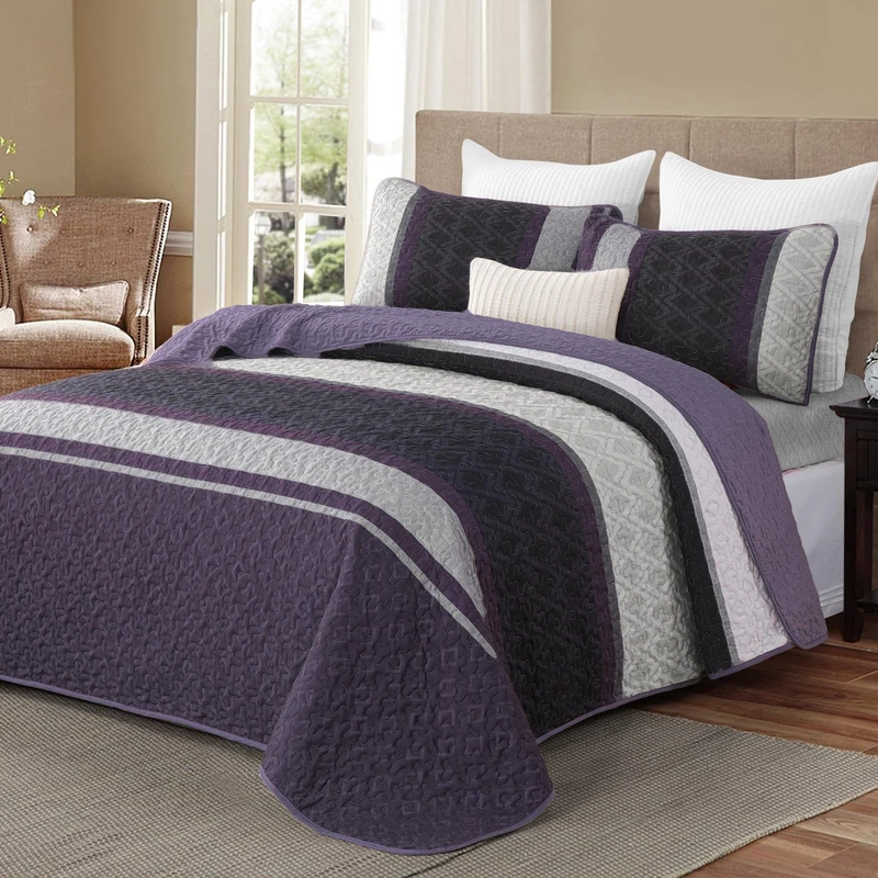 Dinjoy King Size Quilt Set Boho, Soft 3 Pieces Striped Bedspreads Fall Quilts Dark Purple Bedding Sets Boho Lightweight Quilted Coverlets Set Bed for All Seasons 110"x90"