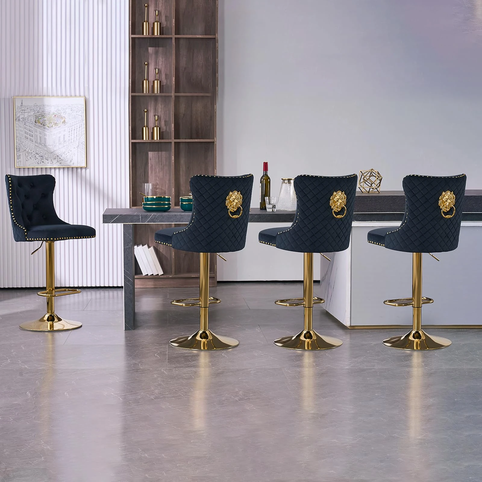 KHISCHMO Luxury Velvet Bar Stools Set of 2 with Lion Knocker Swivel Adjustable Breakfast Stools with Metal/Gold Base Counter Height Chairs for Kitchen Island, Bar,Dining Room,Golden Black