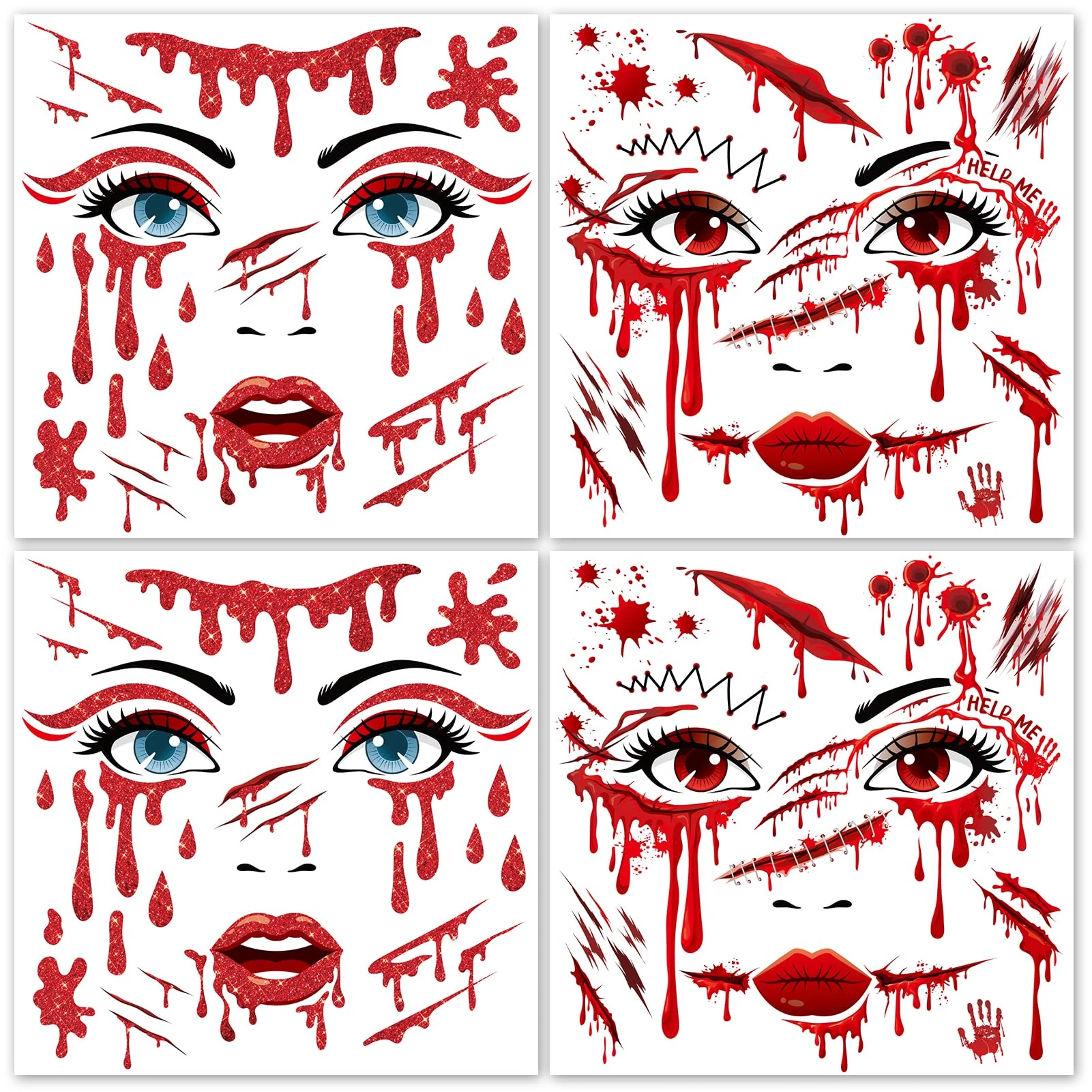 HOWAF 4 PCS Halloween Face Tattoos, Blood Scars Temporary Tattoos Vampire Face Stickers for Vampire Costume, Blood Halloween Costume Women Men