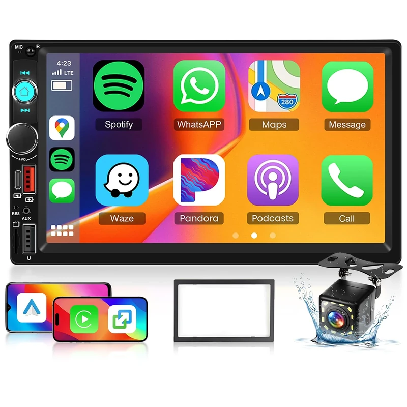 Double Din Car Stereo Wireless Carplay Android Auto, Hodozzy 7" HD IPS Touchscreen 2 Din Car Radio with Youtube Bluetooth EQ FM SWC Reversing Camera+USB/Type-C Fast Charge/TF Card/Aux Ports+Frame