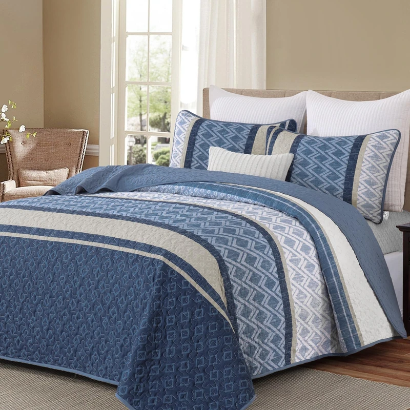 Dinjoy King Size Quilt Set Boho, Soft Striped Bedspreads Blue Quilts Bedding Sets 3 Pieces Lightweight Quilted Coverlets Set Fall Bed for All Seasons 110"x90"