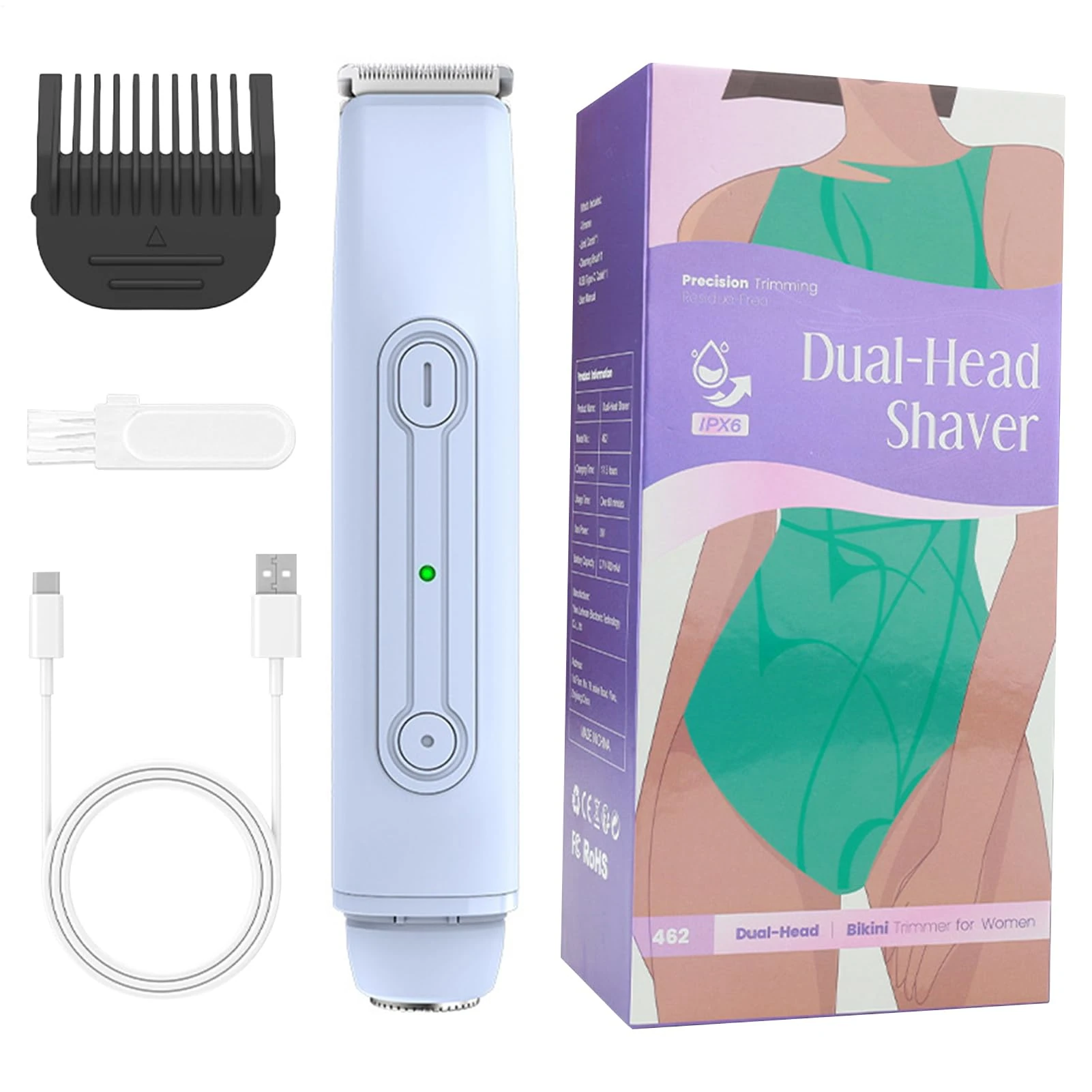Bikini Razor, Waterproof Body Shaver, Portable Rechargeable Double Head Hair Removal Device for Intimate Areas, Travel and Home