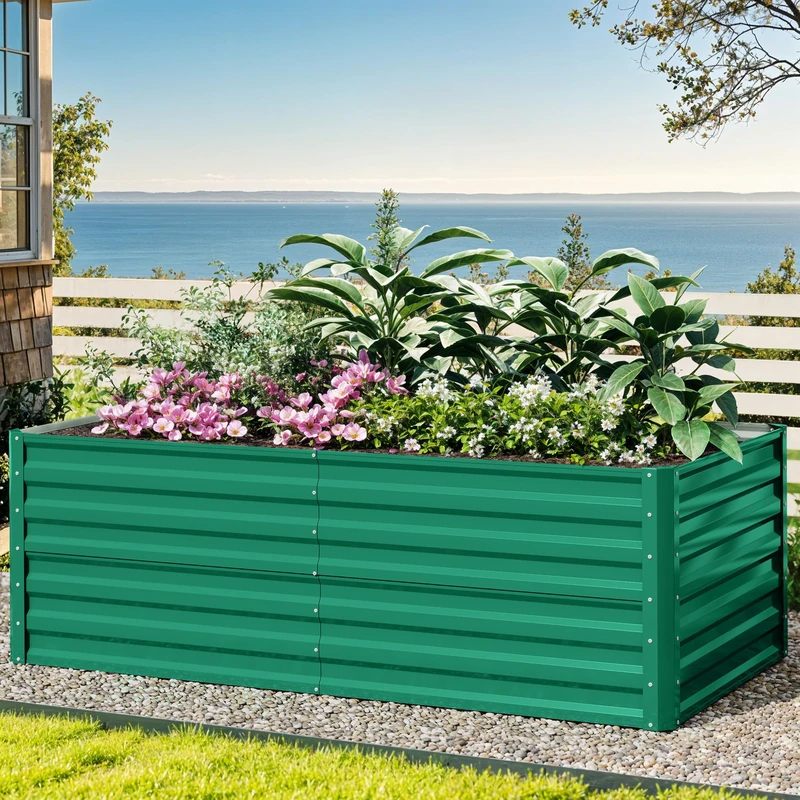 DWVO Metal Raised Bed 180 x 90 x 60 cm with Gloves, Raised Bed Made of Steel, Rustproof and Weather Resistant, Sturdy Galvanised with Safety Rubber for Vegetables, Flowers, Fruits