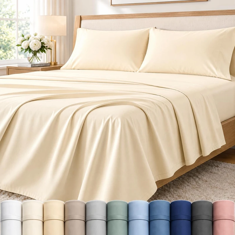 CHATEAU HOME COLLECTION 400 Thread Count Cotton Bed Sheets King Size, 15 Inch Deep Pocket King Sheet Set, 4 Piece, Naturally Cool, Soft Sateen Weave, Machine Washable, Fully Elasticized, Semolina