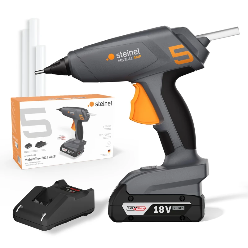 Steinel MobileGlue 5011 Battery Hot Glue Gun Set Including 2.0 Ah 18 V Bosch AMPShare Battery and Glue Sticks, 2 Temperature Levels 130°/200°C