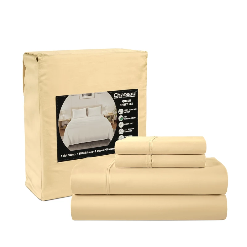 CHATEAU HOME COLLECTION 400 Thread Count Cal King Bed Sheets, 100% Egyptian Cotton Sheet & Pillowcase Sets, Soft Sateen Weave Naturally Cooling Sheets Deep Pockets Fits Upto 17"- Semolina