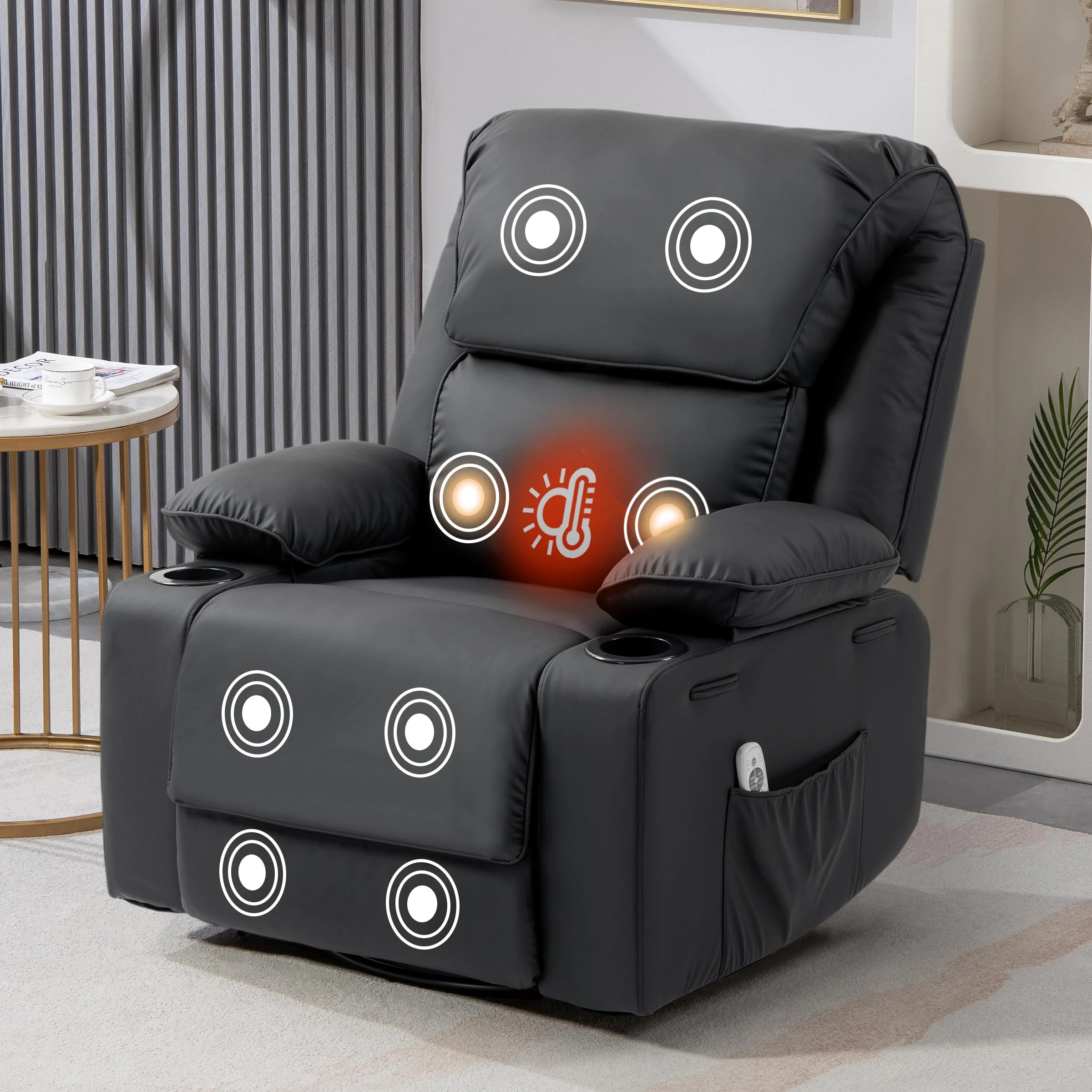 Recliner Chair with Massage& Heat Extended Footrest Armchair Padded Seat Manual Adjustable Legrest and Backrest with Cup Holders for Living Room Bedroom Home Cafe 360° Swivel, Rocking Function