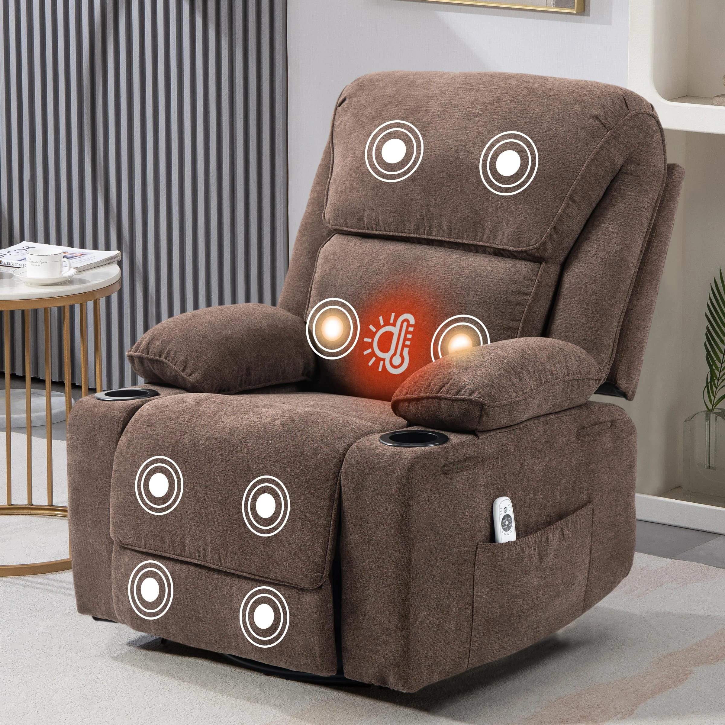 Recliner Chair with Massage& Heat Extended Footrest Armchair Padded Seat Manual Adjustable Legrest and Backrest with Cup Holders for Living Room Bedroom Home Cafe 360° Swivel, Rocking Function