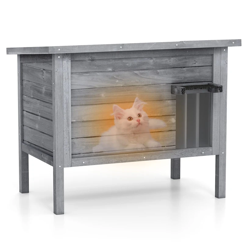 GYMAX Outdoor Insulated Cat House, Weatherproof Feral Cat Shelter with All-Round Foam, Double Room, Openable Asphalt Roof, PVC Door, Wooden Pet House for Winter Outside (Light Gray)