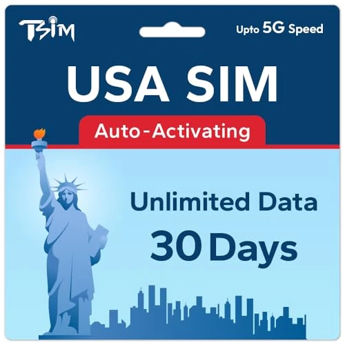 TSIM USA SIM Card 30 Day | Unlimited Data |High Coverage Multi-Operator 5G Network | Auto-Activating | Refillable Plan | Hotspot Allowed | Data Only