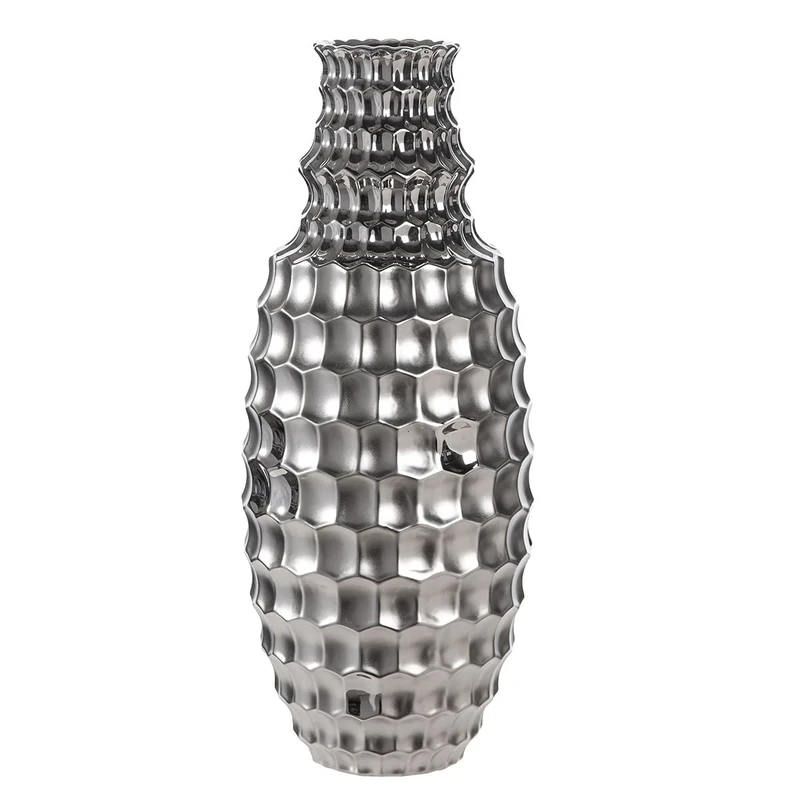 GILDE Hexagon Vase, Ceramic, Bulbous, Height 53 cm x Diameter 22 cm, Silver, Glossy/Matt, Decorative Vase