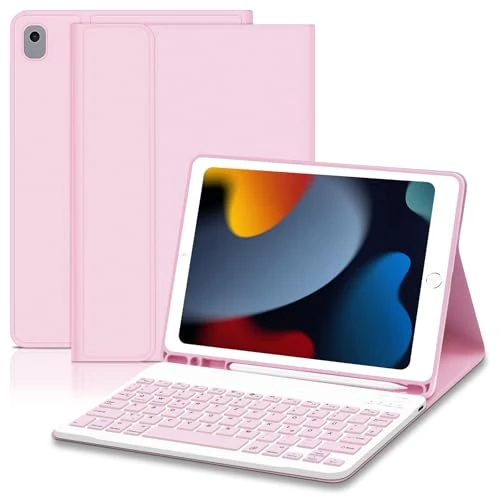 Lielax Keyboard Case for iPad 10.2 Inch (9/8/7 Generation - 2021/2020/2019), German QWERTZ Keyboard Magnetic Wireless Removable Bluetooth for iPad Air 3, Pro 10.5, Pink