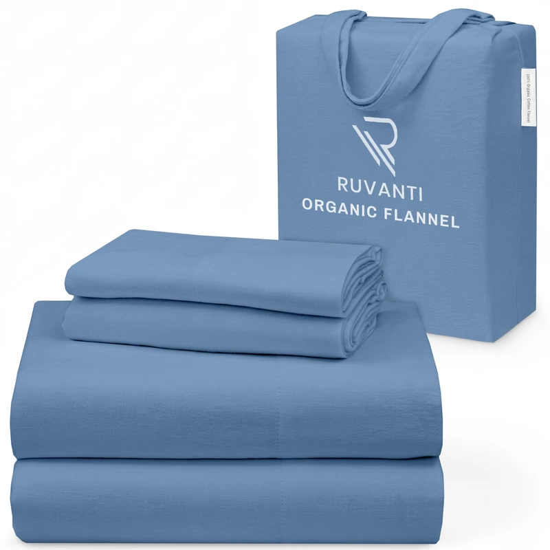 Ruvanti Flannel Sheets Queen Size - GOTS Certified 100% Organic Cotton, 4 Piece Warm, Soft & Breathable Set, Deep Pocket Snug Fit, Double Brushed Cozy All Season Bedding, Denim Blue
