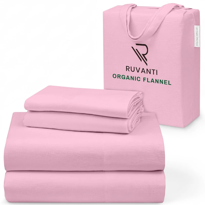 RUVANTI Flannel Sheets King Size - GOTS Certified 100% Organic Cotton, 4 Piece Warm, Soft & Breathable Set, Deep Pocket Snug Fit, Double Brushed Cozy All Season Bedding, Soft Pink