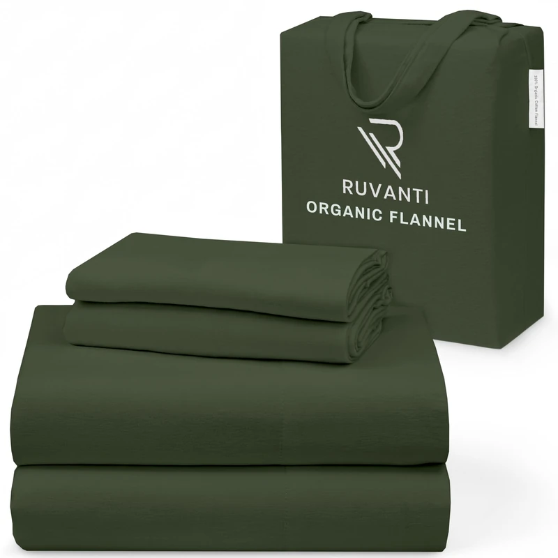 Ruvanti Flannel Sheets Full Size - GOTS Certified 100% Organic Cotton, 4 Piece Warm, Soft & Breathable Set, Deep Pocket Snug Fit, Double Brushed Cozy All Season Bedding, Riffle Green