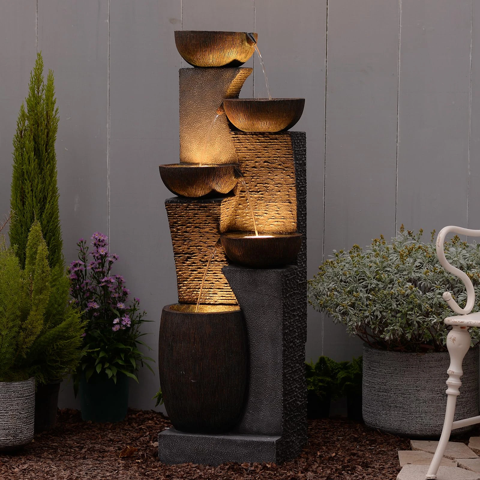 Bumilgar 130cm Large Garden Water Features Outdoor Fountains With LED Lights Pump, 4 Tier Electric Cascading Waterfall Fountain for Patio, Backyard, Deck, Porch and Home Art Decor