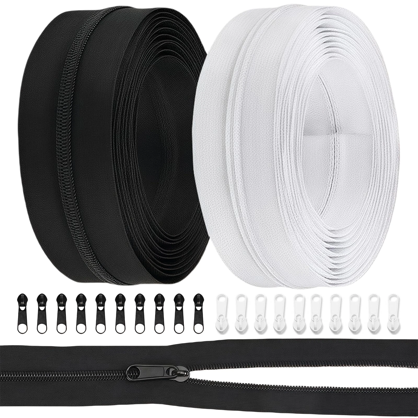 Omeblos Zips for Sewing,Invisible Zipper,Zip,Black Zip,by The Yard Bulk 10 Yards with 20 Pcs Zipper Sliders for DIY Sewing Craft Bags Garments Crafting Tailor Home Textile (Black and White)