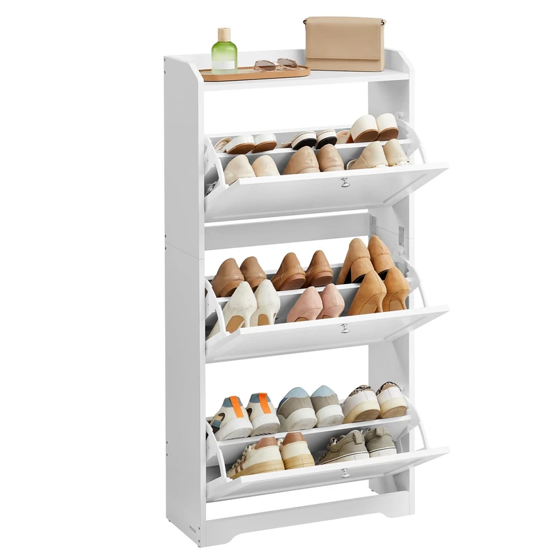 VASAGLE Shoe Cabinet 3 Flaps Shoe Rack Shoe Storage Top Plate Adjustable Divider for up to 12-20 Pairs of Shoes Hallway 24 x 60 x 121.2 cm Cloud White LBC036WB01