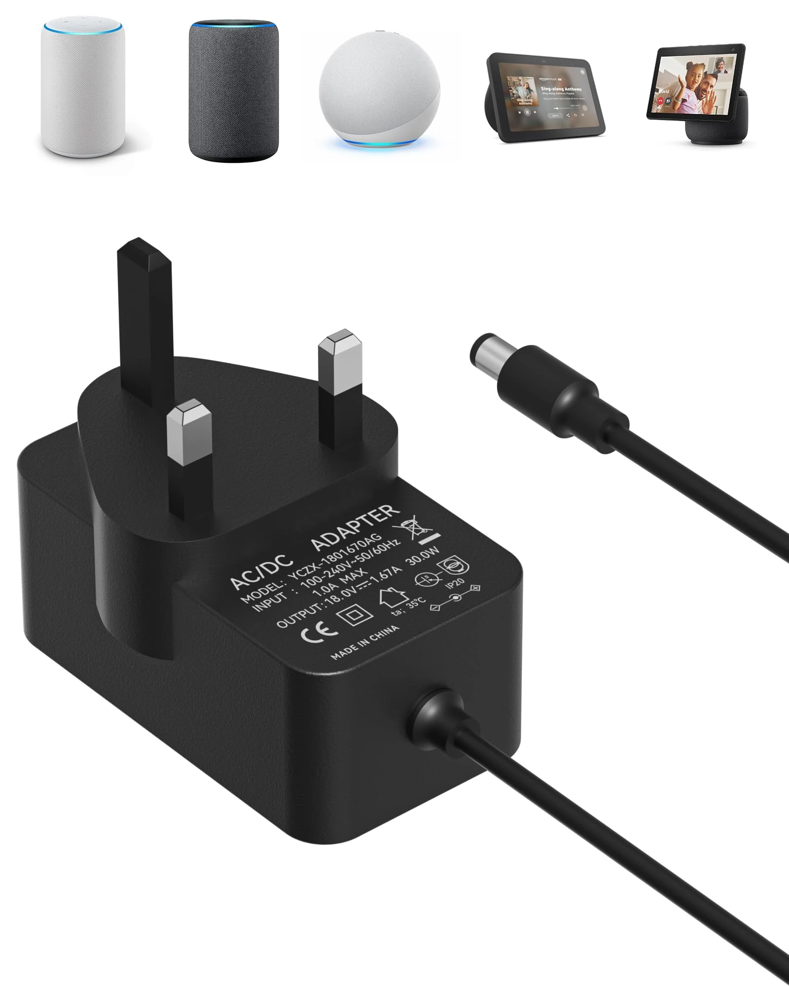 Binamao 30W Power Adapter for Echo (3rd 4th Gen), Echo Show 8/10/15, Echo Plus (2. Gen), Echo Show (2. Gen), 1.5M power cable, compatible with Alexa, black