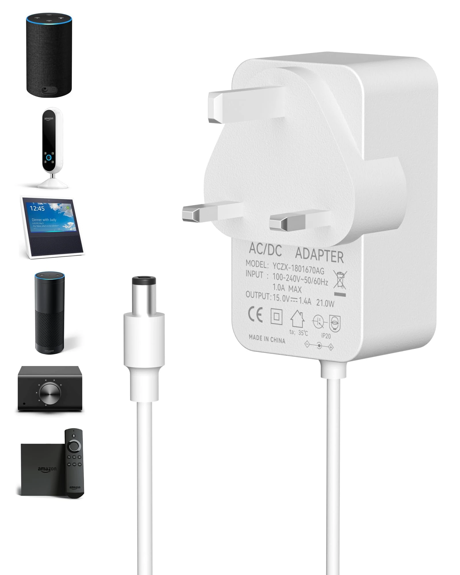 Binamao 21W Power Charger Adapter for Alexa Echo 1st Gen, Echo 2nd Gen, Echo Show 1st Gen, Echo Plus 1st Gen, Echo Look, Echo Link, Fire TV 2nd Gen, 15V/1.4A 1.5m Plug Power Cord Charger - White