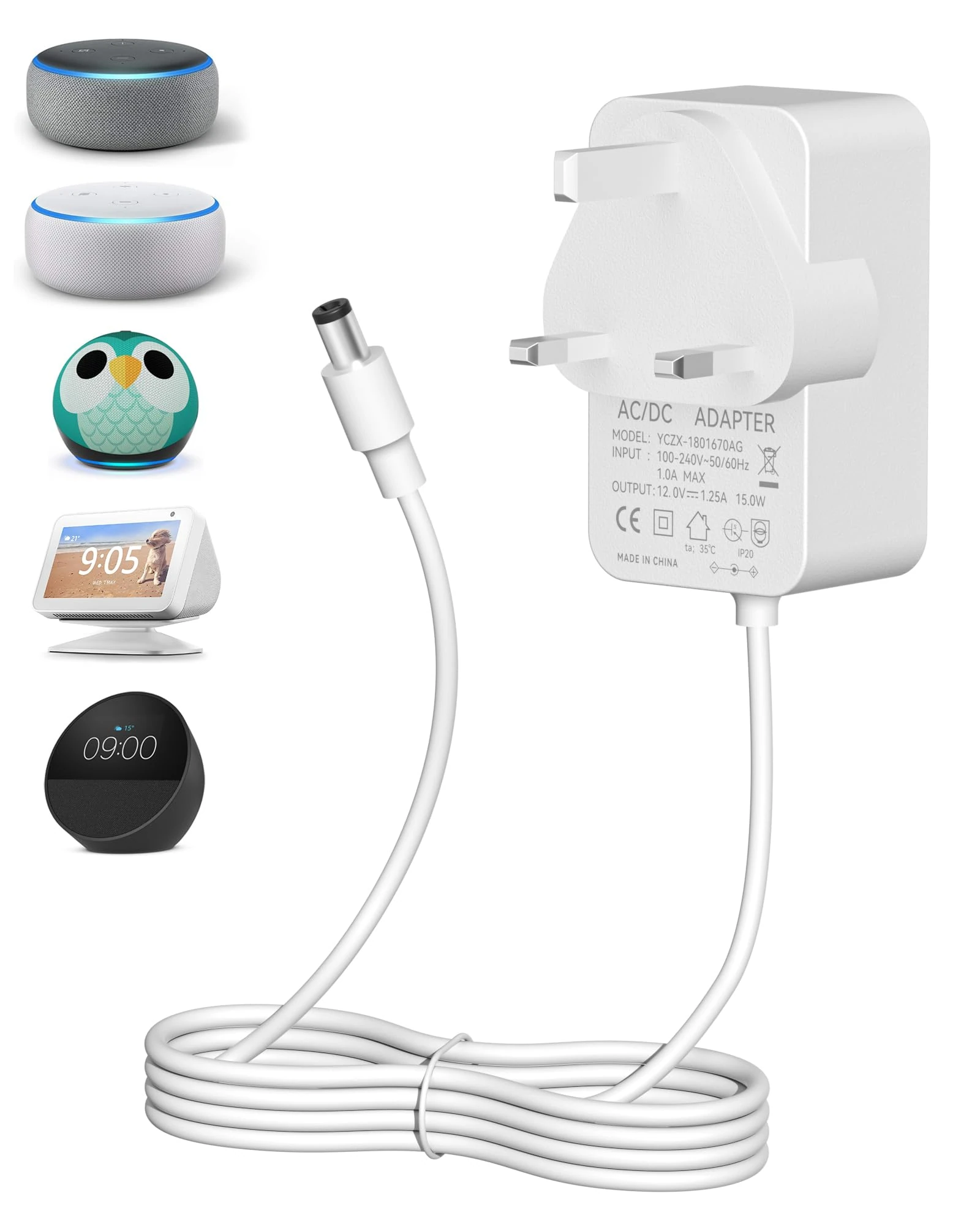 Binamao 12V 1.25A 15W Power Supply Charger Compatible with Echo Dot (3rd/4th/5th Gen) Echo Dot with 3/4 Gen Echo Dot Kids Edition 3/4 Gen Echo Show 5 (1/2Gen) Echo Spot Fire TV Cube, 1.5M Cord - White