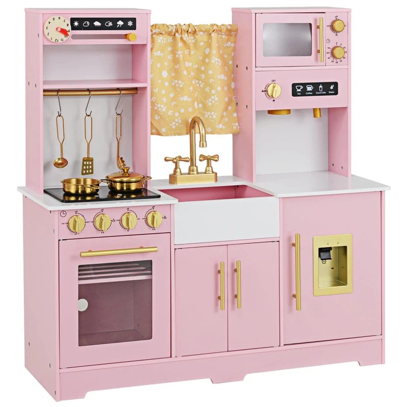 GYMAX Kids Play Kitchen, Pretend Toy Kitchen with Coffee Maker, Stove, Water Dispenser, Microwave, Oven, Sounds, Lights, Curtain & Cooking Accessories, Wooden Children Kitchen for 3+ Years Old (Pink)