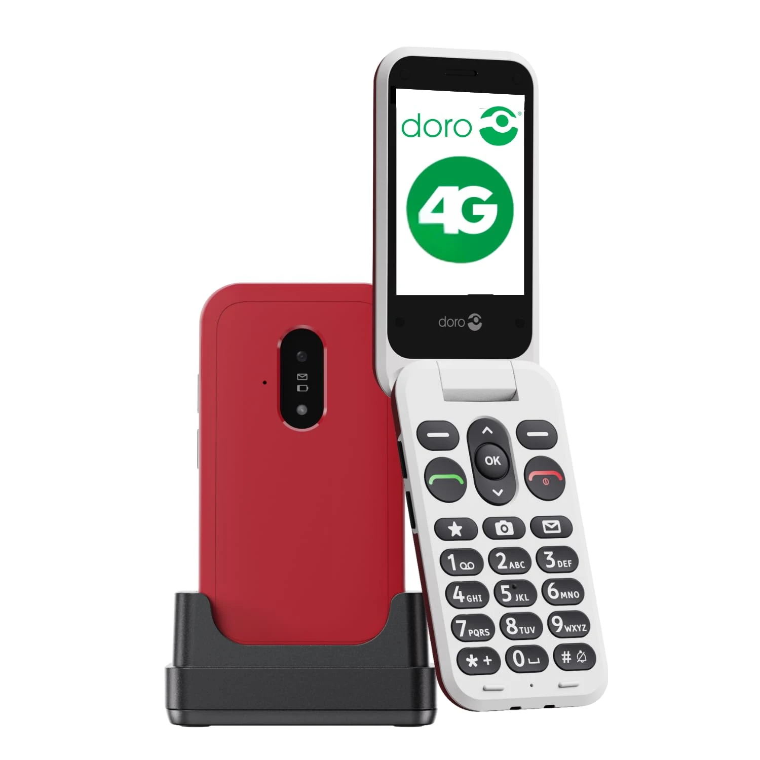 DORO Phone - Doro Leva E22 - 4G Flip Phone For Elderly - Large 2.8" Screen, High Contrast Keys, Loud & Clear Sound, HD Voice, Camera, Doro Secure Button - Charging Cradle - Red/White