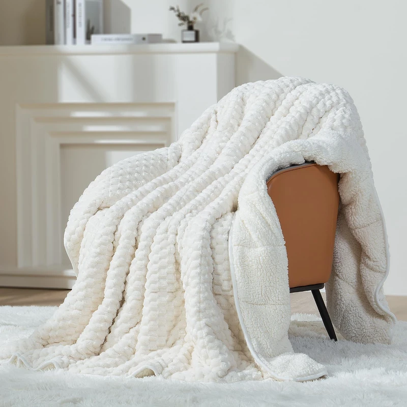 Mr. Sandman Weighted Blankets for Adults Queen Size 20lbs, Warm Sherpa Fleece Throw Blanket for Sleep and Calm, Soft Cozy Heavy Bed Blanket with Jacquard Flannel, 60 x 80 Inches, Cream White