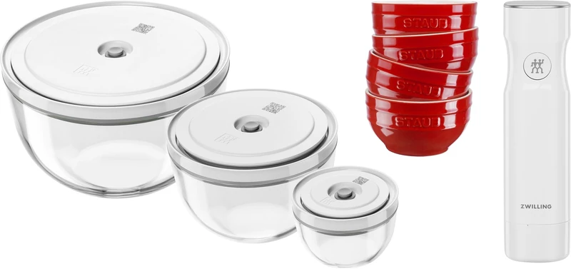 ZWILLING Fresh & Save BOWLS Vacuum Starter Set, 11 Pieces, Glass/Ceramic, S-12 cm, M-18 cm, L-24 cm, Pump