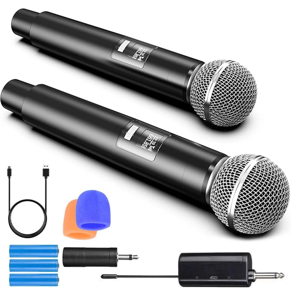 RUOVXWU Microphone Wireless Microphones for Adults Portable Rechargeable Dual Handheld Cordless Metal Singing Microphone for 2 People for Singing,Speech, Church, Party, Home KTV, DJ,Wedding