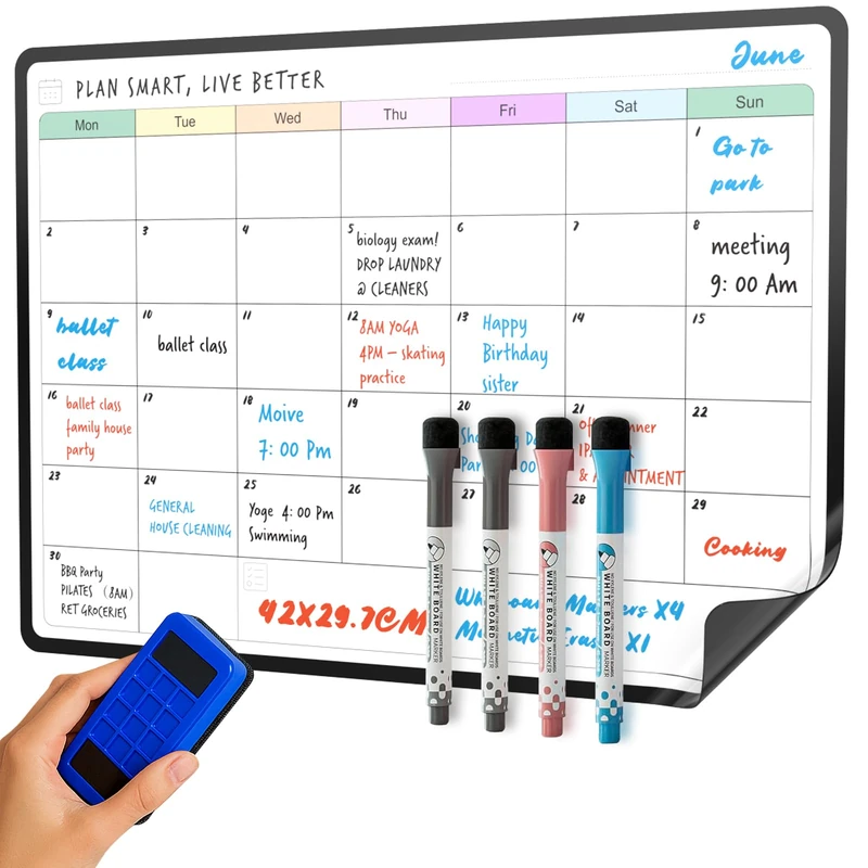 SURFOU Magnetic Whiteboard for Fridge Calendar, A3 Monthly Planner Dry Wipe Board for Tasks, to-Do Lists, Shopping, Meal Planning for Home and Office, with 4 Dry Erase Pens and Eraser