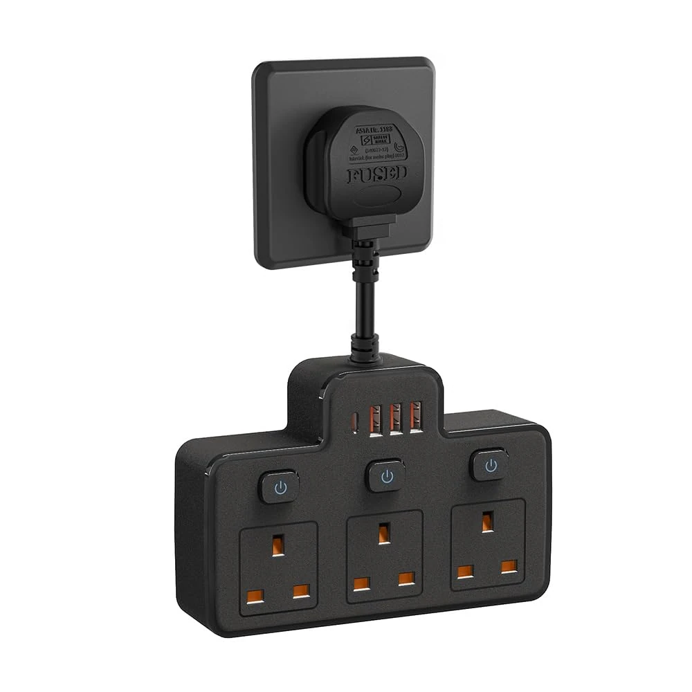 Multi Plug Extension with Flexible Plug, 3 Way 3 USB Plug Adaptor, Individual Switched Socket Extension Adapter, Short Extension Lead Power Strip for Bedroom, Office, Kitchen (Black)