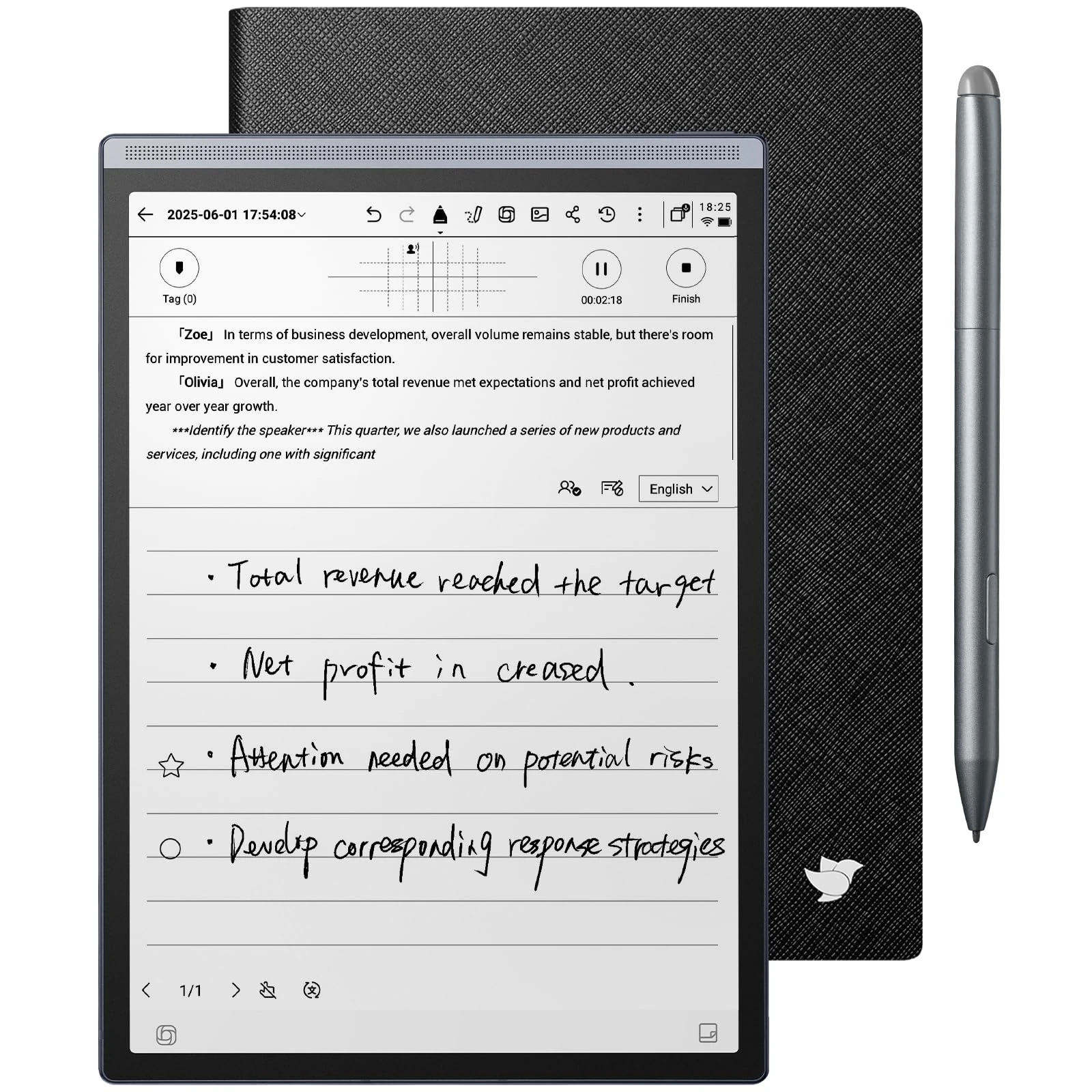 AINOTE Air 2, 8.2" AI Smart E Ink Tablet with Folio Case & Stylus, ChatGPT-Powered Multi-Language Transcription, Adjustable Light Paper Note-Taking Tablet Digital Notebook for Meetings Study