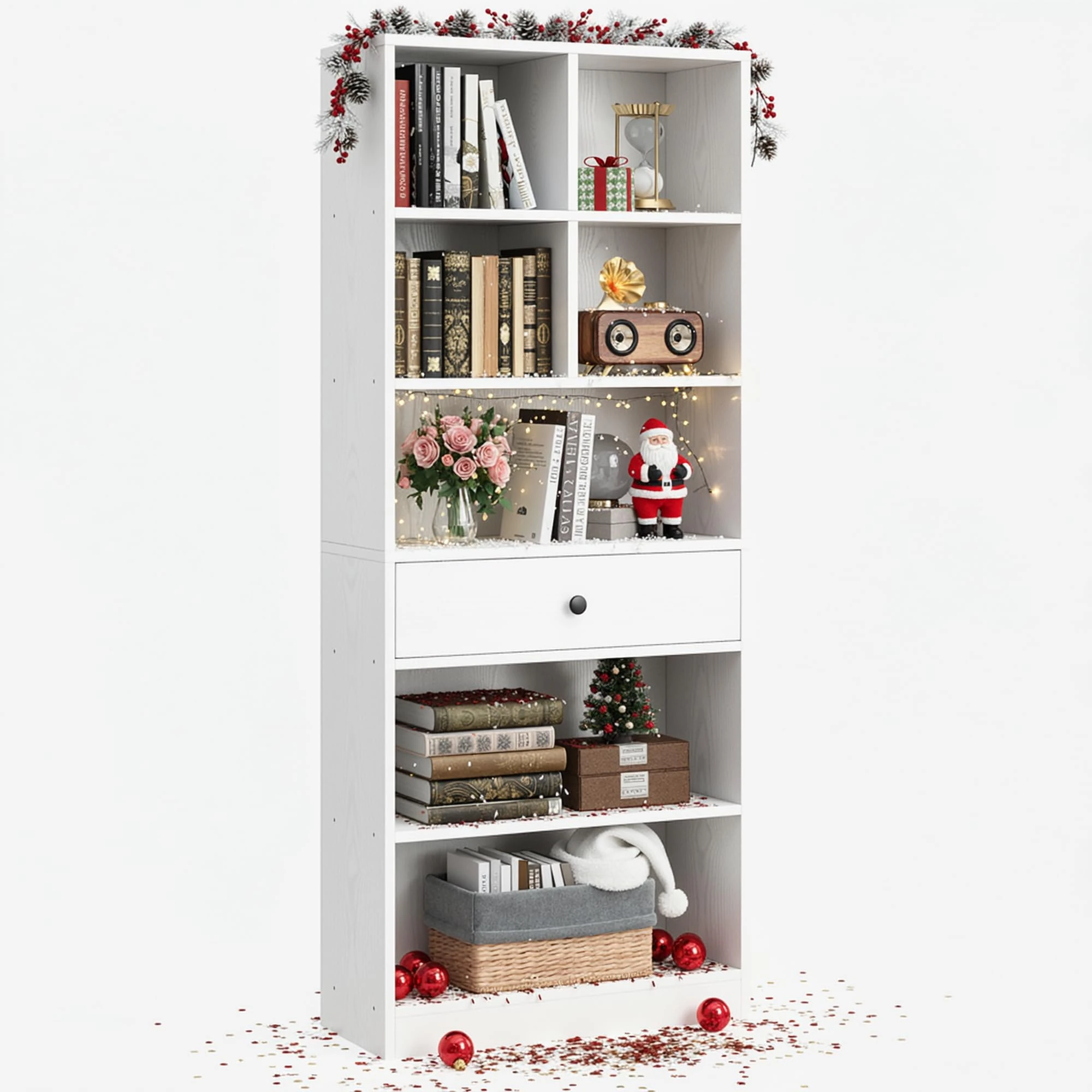 IRONCK Bookcase and Bookshelves, Bookshelf Floor Standing 6 Tiers Display Storage Shelves 70 in Tall Book Shelf with Drawers for Home Office, Living Room, Bedroom, Library, White