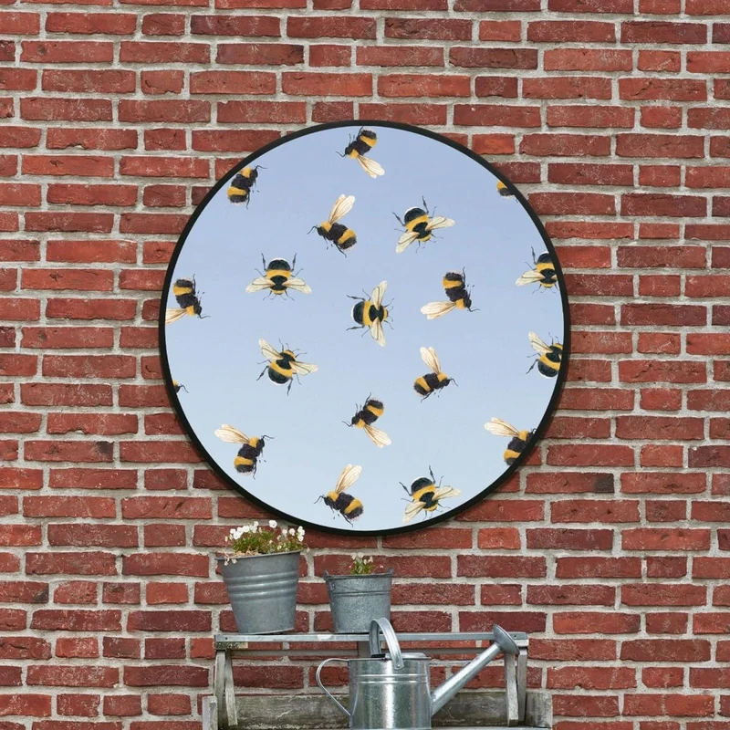 MirrorOutlet The Typis - Black Metal Frame Edged Modern Round Circular Edge Garden Wall Mirror With Bumble Bee Design 31"x31" (80CM X 80CM) Silver Mirror Glass with Black Frame