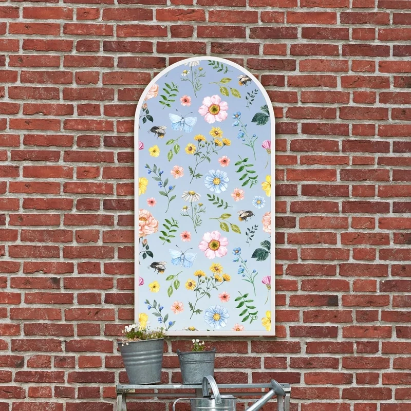 MirrorOutlet The Typis - White Metal Frame Edged Modern Round Arch Edge Garden Wall Mirror With Colour Flower Printed Decal 47" x 24" (120CM X 60CM) Silver Mirror Glass with White Frame