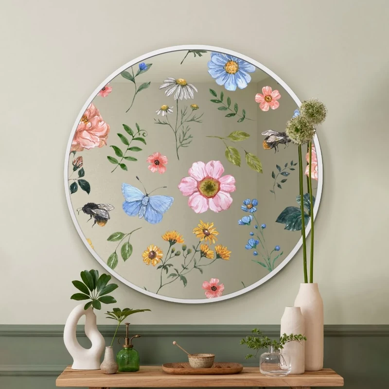 MirrorOutlet The Typis - White Metal Frame Edged Modern Round Circular Edge Wall Mirror With Colour Flower Printed Decal 31"x31" (80CM X 80CM) Silver Mirror Glass with White Frame