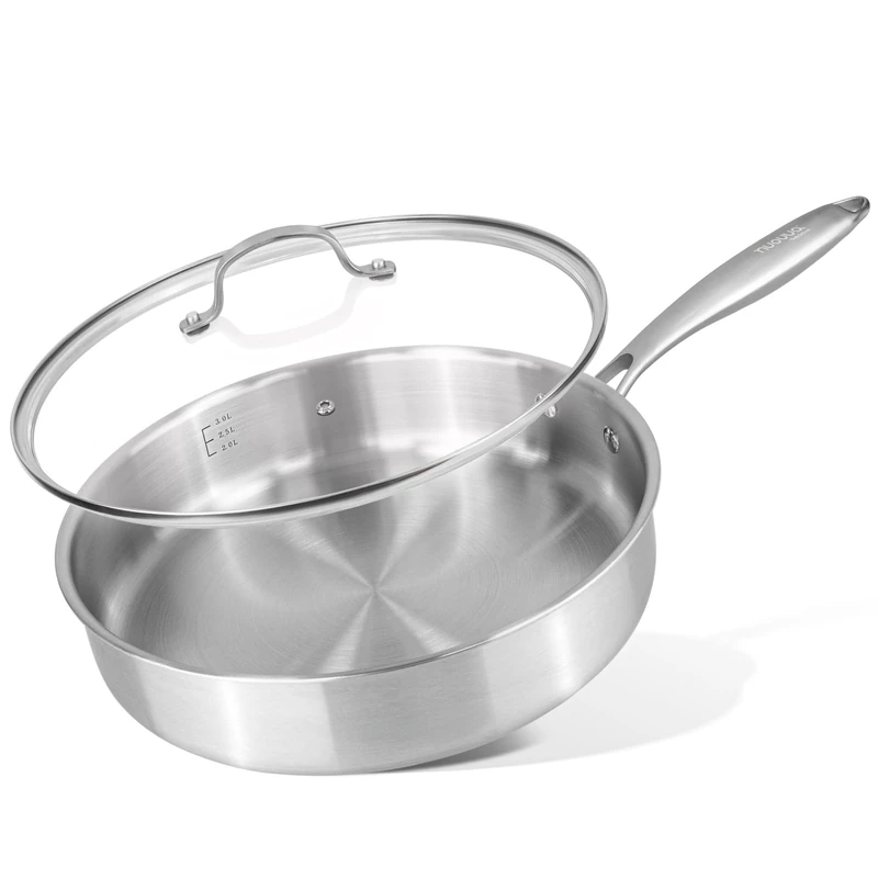 nuovva Stainless Steel Saute Pan with Glass Lid – Induction Hob Non Stick Saucepan – 28cm Frying pan